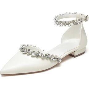 Flat Wedding Shoes for Bride Rhinestones Pointed Toe Ankle Strap Bridal Flats Women Formal Shoes