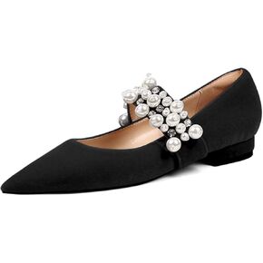 XYD Women's Pointed Toe Velvet Flats Pearl Strap Beaded Mary Janes Stylish Retro Party Dress Shoes