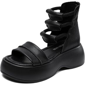 Women's Leather High Top Platform Sandals Sexy Peep Toe Hollow Back Zipper Gladiator Sandals Fashion Comfortable Soft Bottom Casual Walking Beach Sandals