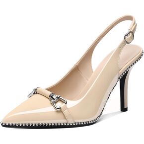 AUMOTED Women Beaded Pumps Slingback High Heel Stilettos Pointed Toe Shoes Slip On 3.5 Inch Ankle Strap Adjustable Patent Leather US Size 5-13