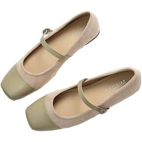 Women's Suede Mary Jane Flats Buckle Square Cap Toe Ballet Flats Classy Dressy Comfortable Slip on Flats Soft Work Casual Flat Shoes
