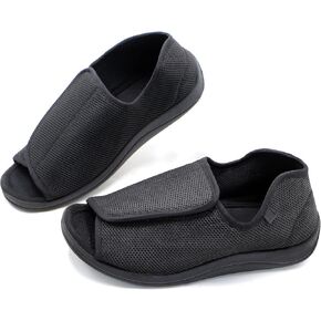 Women's Open Toe Diabetic Sandals Wide Width, Adjustable Arthritis Edema Slippers for Elderly, Diabetic House Shoes for Swollen Feet, Black L02
