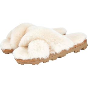 CLPP'LI Womens Cross Band Fluffy Fuzzette Slippers
