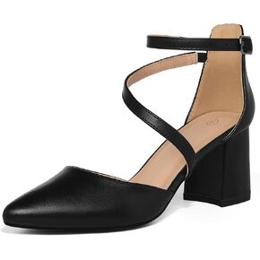 mysoft Women's Pumps Low Chunky Block Heels Pointed Toe Ankle Strap Across Instep Strap Party Wedding Dress Shoes