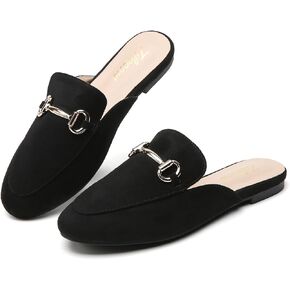 Tilocow Metal Buckle Mules for Women Round Toe Backless Flats Mules Slides Mules Shoes Ladies Slip-on Loafers for Women