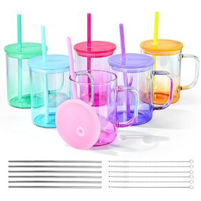 AGH 12 Pack Sublimation Glass Cups with Handle, 16 oz Opaque Colored Glass Tumblers with Lid and Straw, Sublimation Blanks Mugs Tumblers