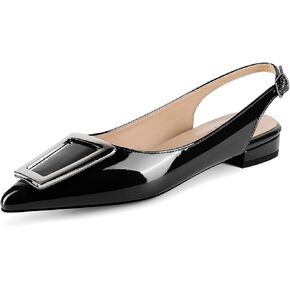 Slingback Flats for Women,Pointed Toe Slingback Pumps Trapezoid Metal Buckle Dress Work Shoes