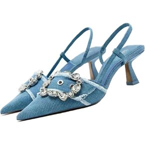 Women's Rhinestone Pointed Toe Denim Kitten Heels,Slip On Slingback Low Heel Mule Pumps Evening Party Wedding Dress Shoes