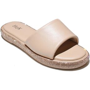 H2K Womens Rhinestone Glitter Slide Slip On Soft Comfort Flatform Sandals SWAN, 7, Black