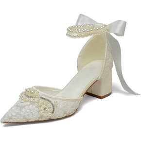 Block Heel Wedding Shoes for Bride Pointed Toe Lace Pearl Bridal Heels