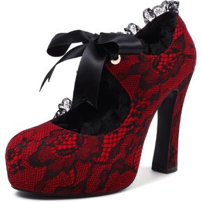 Women's Lace Flower Mary Jane Punk Closed Toe Prom Costume Elegantes Gothic Pumps Vintage Sweet Platform High Heels Shoes