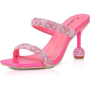 CAMSSOO Women's Rhinestones Heels Sandals Square Open Toe Strappy Slip On Mules Dress Sexy Fashion Wedding Backless Stilettos Heeled Slippers