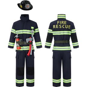 Kosgraiy Firefighter Costume for Kids,Fireman Costume for Boy and Girl,Kids Halloween Fire Pretend Chief Outfit,9pcs