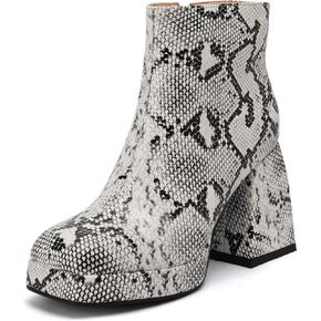 Women's Chequered Ankle Boots Artificial Snakeskin Block Chunky Heeled Booties With Side Zipper Fashion Winter Boots
