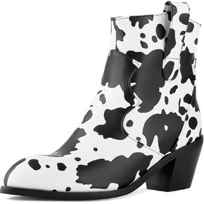 Women Cow Print Ankle Boots Chunky Heel Short Boots Animal Print Cowboy Boots Plus size (US 6-13)