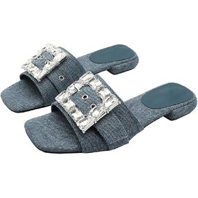 Women Denim Rhinestones Low Heel Slides Sandals Fashion Adjustable Square Buckle Slip On Square Toe Flat Dress Slippers Anti-Slip Party Evening Walking Sandals