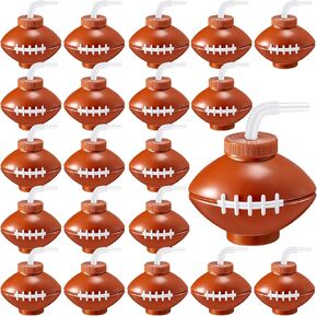 Mumufy 24 Pcs Football Ball Cups with Straws and Lids 12 oz Plastic Reusable Soft Football Party Cups Bulk Drinking Birthday Supplies Tea Bottle Party Decorations Ball Fans