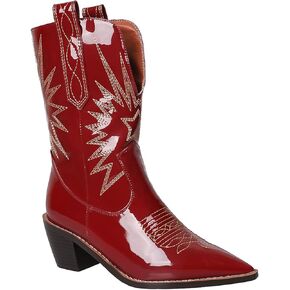 MOOMMO Women Chunky Heel Cowboy Calf Boots Embroidered Patent Mid Calf Western Boots Pointed Toe Cowgirl Booties Wide Calf 3 Inch Mid Block Heel Short Boots Party Vintage Fashion 4-11 M US