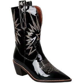 MOOMMO Women Chunky Heel Cowboy Calf Boots Embroidered Patent Mid Calf Western Boots Pointed Toe Cowgirl Booties Wide Calf 3 Inch Mid Block Heel Short Boots Party Vintage Fashion 4-11 M US