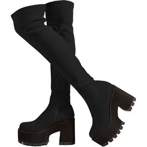 getmorebeauty Women Knee High Boots Chunky Heel Muffin Shoes Stretch Suede Round Toe Slip On Fashion Thigh High Boots