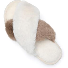 Women's Fluffy Slippers Cross Band Bedroom Slippers with Memory Foam Fuzzy House Open Toe Shoes Comfy Indoor Outdoor Anti-Skid Sole