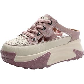 Women'S Soft Leather Hollow Breathable Sports Sandals,Increase Height Platform Casual Mule Sandal,Summer Comfortable Pull-On Closed-Toe Garden Clogs Sandals
