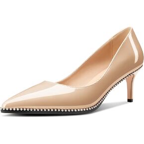 Womens Mid Heel Close Pointed Toe Pumps Slip-on Silver Beaded Prom Party Dress Patent Leather 2.4 Inches Heels