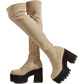 getmorebeauty Women Knee High Boots Chunky Heel Muffin Shoes Stretch Suede Round Toe Slip On Fashion Thigh High Boots