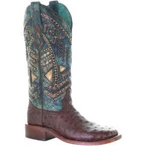 CORRAL LADIE'S BROWN/TURQUOISE OSTRICH OVERLAY & EMBROIDERY & STUDS & WOVEN SQ. TOE, LEATHER WITH RUBBER INSERT SOLE, WESTERN A4059