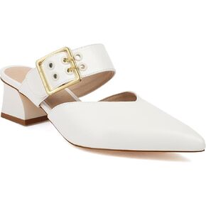 Women’s White Buckle Pointed Toe Slippers Slingback with Straps Low Heel Casual Dress Shoes