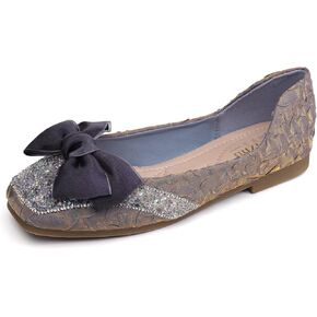 Womens Square Toe Flats Bow-Knot Low Heel Dress Shoes Rhinestone Ballet Flats Memory Foam Insole Slip on Dressy Comfortable for Women