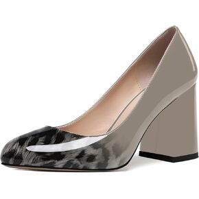 ROSERWISH Womens Wedding Patent Slip On Round Toe Comfortable Fashion Block High Heel Pumps Shoes 3.3 Inch