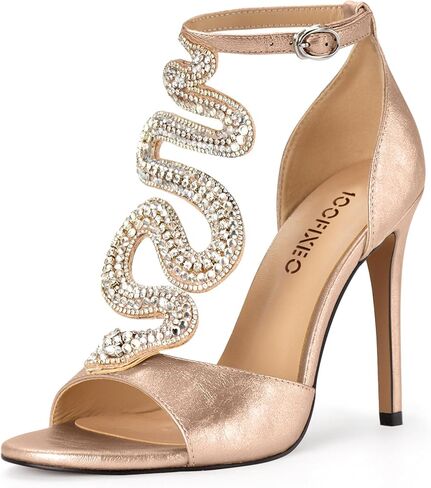100FIXEO Women's Elegant Gold Rhinestone Snake T-Strap Open Toe High Heels Stiletto Heeled Sandals Peep Toe Sexy Party Shoes in Saudi Arabia