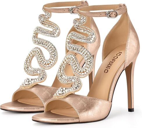 100FIXEO Women's Elegant Gold Rhinestone Snake T-Strap Open Toe High Heels Stiletto Heeled Sandals Peep Toe Sexy Party Shoes in Saudi Arabia