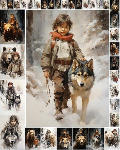 Decoupage Paper Pack (35 Sheets 6"x8") Brave Boys Walking Through Snowy Forests with Massive Bears and Wolves FLONZ Vintage Illustration Pictures Cards for Decoupage, Craft and Scrapbooking in Kuwait