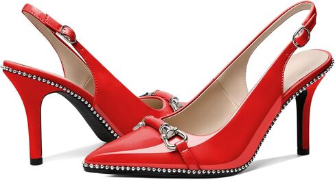 AUMOTED Women Beaded Pumps Slingback High Heel Stilettos Pointed Toe Shoes Slip On 3.5 Inch Ankle Strap Adjustable Patent Leather US Size 5-13 in Saudi Arabia
