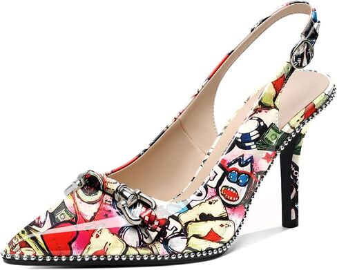 AUMOTED Women Beaded Pumps Slingback High Heel Stilettos Pointed Toe Shoes Slip On 3.5 Inch Ankle Strap Adjustable Patent Leather US Size 5-13 in Saudi Arabia