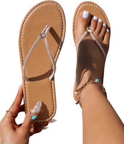OYOANGLE Women's Rhinestone Decor Flip Flop Sandals Summer Casual Flat Thong Sandal in Saudi Arabia