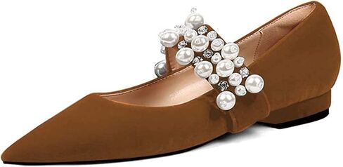 XYD Women's Pointed Toe Velvet Flats Pearl Strap Beaded Mary Janes Stylish Retro Party Dress Shoes in Saudi Arabia
