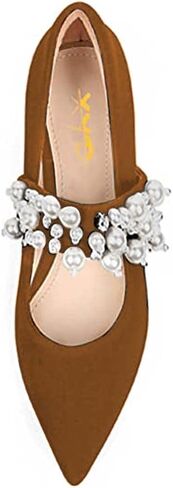 XYD Women's Pointed Toe Velvet Flats Pearl Strap Beaded Mary Janes Stylish Retro Party Dress Shoes in Saudi Arabia