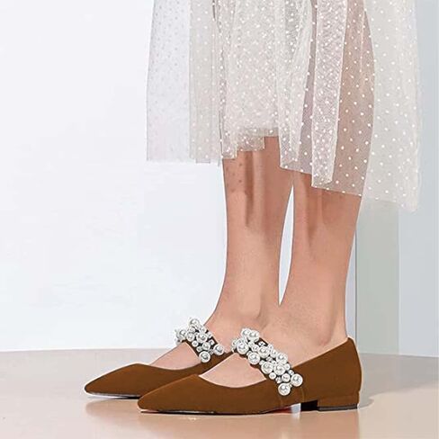 XYD Women's Pointed Toe Velvet Flats Pearl Strap Beaded Mary Janes Stylish Retro Party Dress Shoes in Saudi Arabia