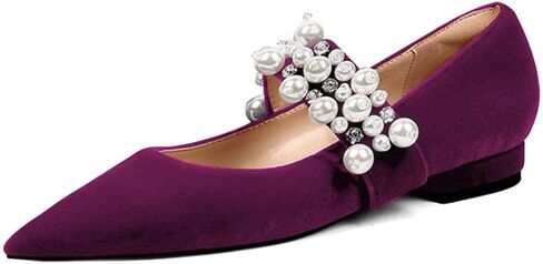 XYD Women's Pointed Toe Velvet Flats Pearl Strap Beaded Mary Janes Stylish Retro Party Dress Shoes in Saudi Arabia