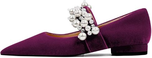 XYD Women's Pointed Toe Velvet Flats Pearl Strap Beaded Mary Janes Stylish Retro Party Dress Shoes in Saudi Arabia