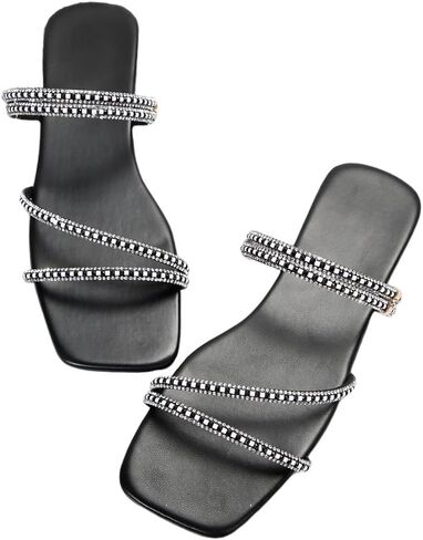 GORGLITTER Women's Trendy Rhinestone Sparkly Flat Sandals Strappy Slip on Open Toe Slide Sandals in Saudi Arabia