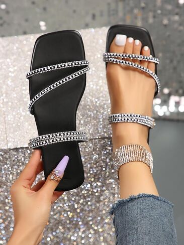 GORGLITTER Women's Trendy Rhinestone Sparkly Flat Sandals Strappy Slip on Open Toe Slide Sandals in Saudi Arabia