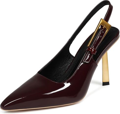 حذاء نسائي بكعب عالٍ من Slingback وكعب عالٍ ومقدمة مربعة مع حزام بإبزيم معدني سهل الارتداء بدون ظهر مصنوع من الجلد اللامع وحفلات الزفاف in Saudi Arabia