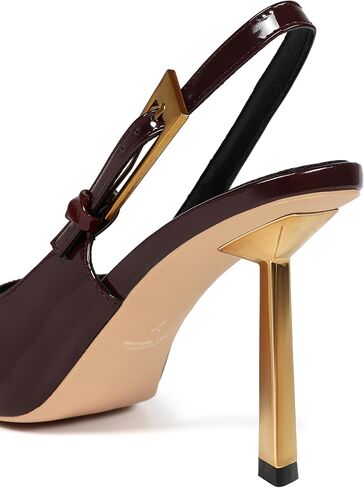 حذاء نسائي بكعب عالٍ من Slingback وكعب عالٍ ومقدمة مربعة مع حزام بإبزيم معدني سهل الارتداء بدون ظهر مصنوع من الجلد اللامع وحفلات الزفاف in Saudi Arabia