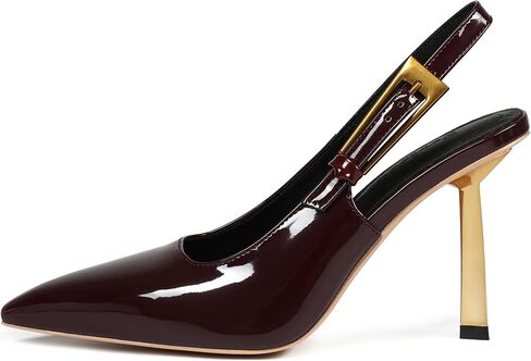 حذاء نسائي بكعب عالٍ من Slingback وكعب عالٍ ومقدمة مربعة مع حزام بإبزيم معدني سهل الارتداء بدون ظهر مصنوع من الجلد اللامع وحفلات الزفاف in Saudi Arabia