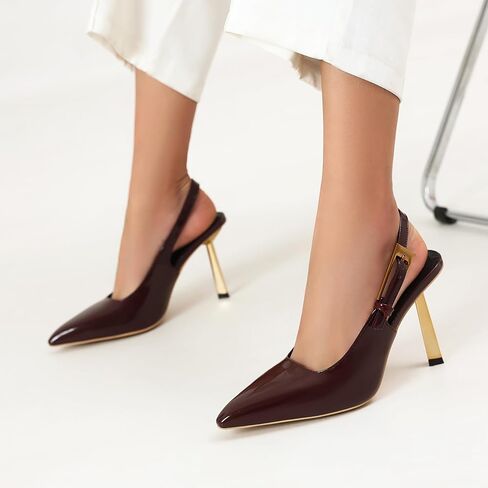 حذاء نسائي بكعب عالٍ من Slingback وكعب عالٍ ومقدمة مربعة مع حزام بإبزيم معدني سهل الارتداء بدون ظهر مصنوع من الجلد اللامع وحفلات الزفاف in Saudi Arabia