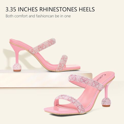 CAMSSOO Women's Rhinestones Heels Sandals Square Open Toe Strappy Slip On Mules Dress Sexy Fashion Wedding Backless Stilettos Heeled Slippers in Saudi Arabia